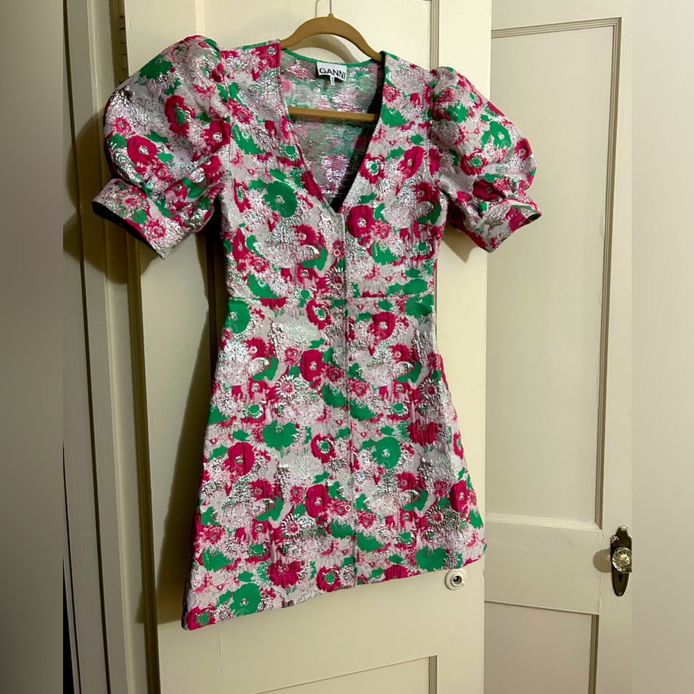 GANNI P/S2023 Sugar Plum Metallic Jacquard Floral Mini Dress - size 36